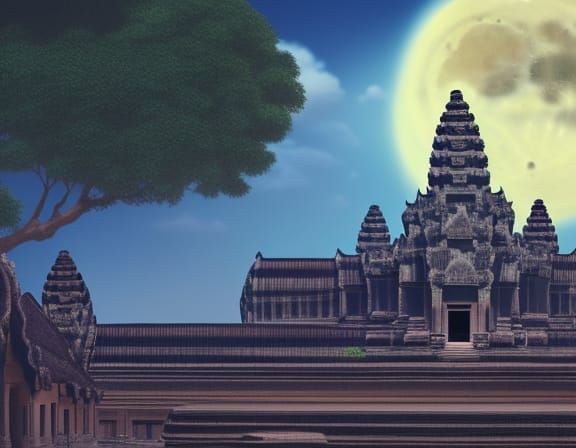 Angkor wat temple cloudy at night with moon Studio Ghibli, Anime Key Visual, by Makoto Shinkai, Deep Color, Intricate, 8...