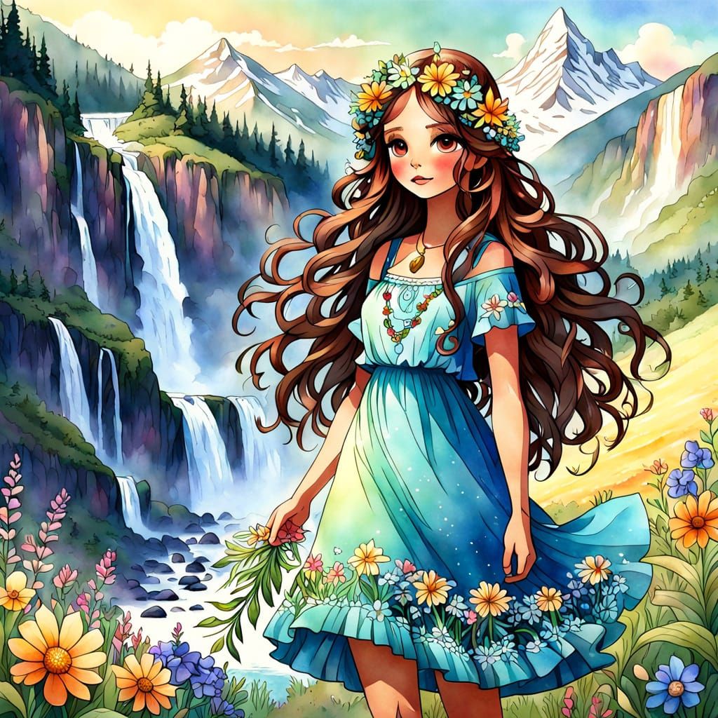 Free-Spirited Nature Goddess in Watercolor Cel-Shaded Style