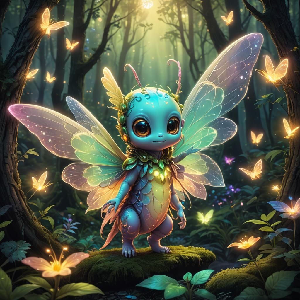 Luminous Chibi Alien Firefly in Enchanted Forest