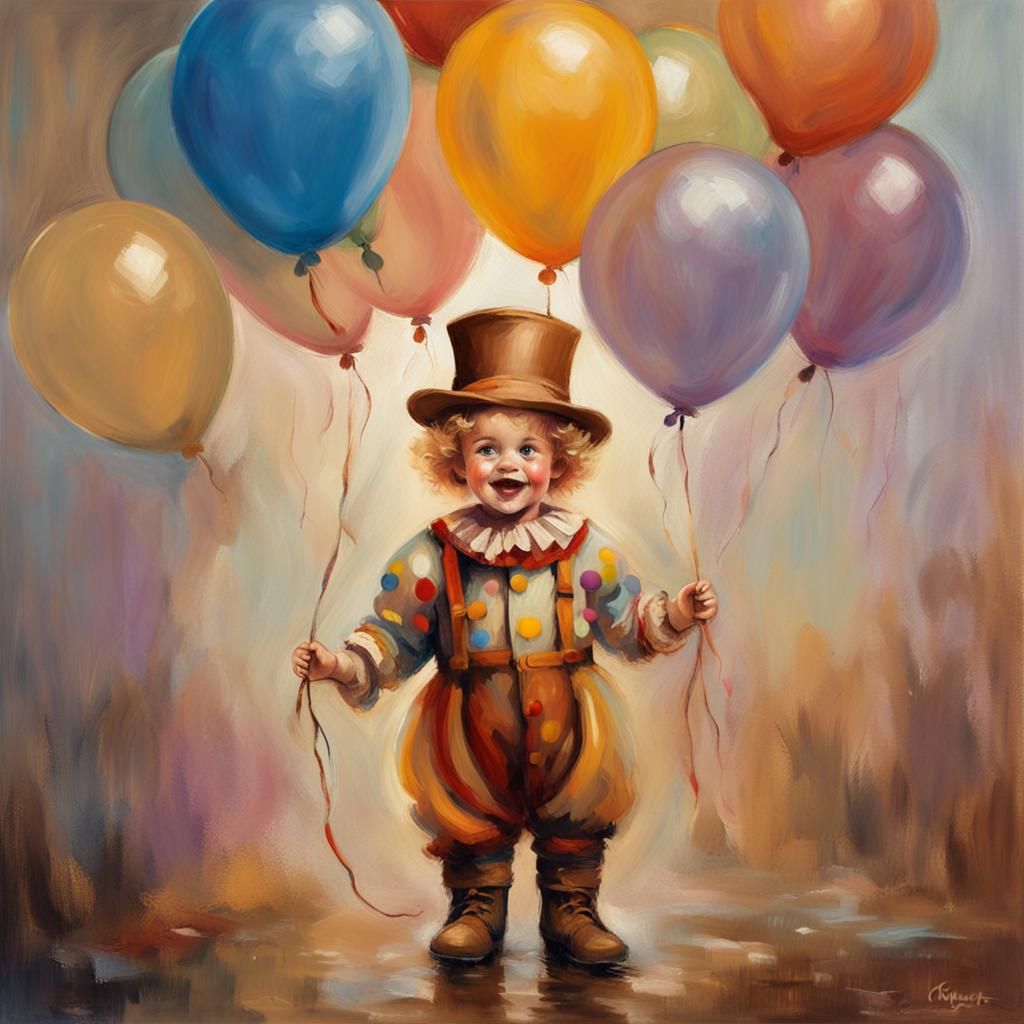 Happy Toddler Clown in Impressionist Oil Painting