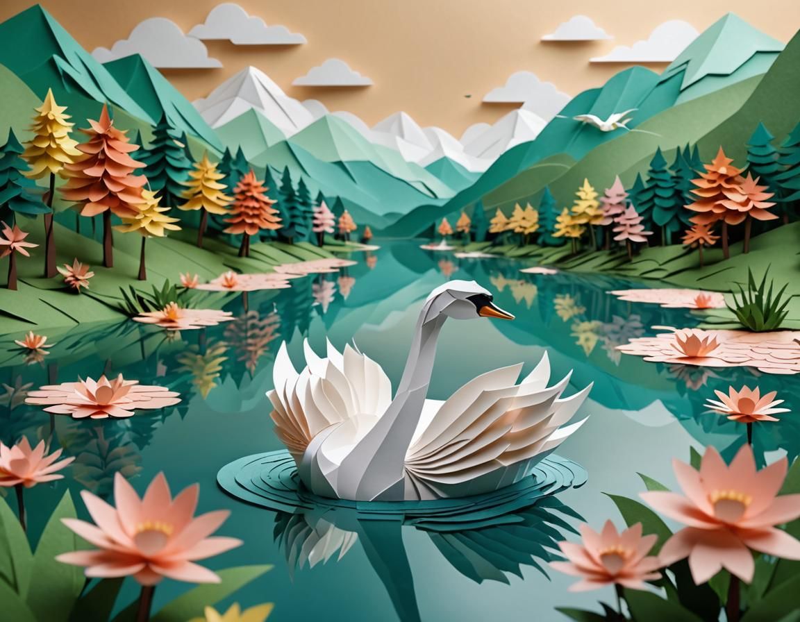 Origami Swan on Lake: Papercraft in 8K