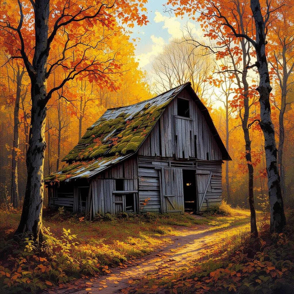 Weathered Barn in Autumn Forest Golden Hour