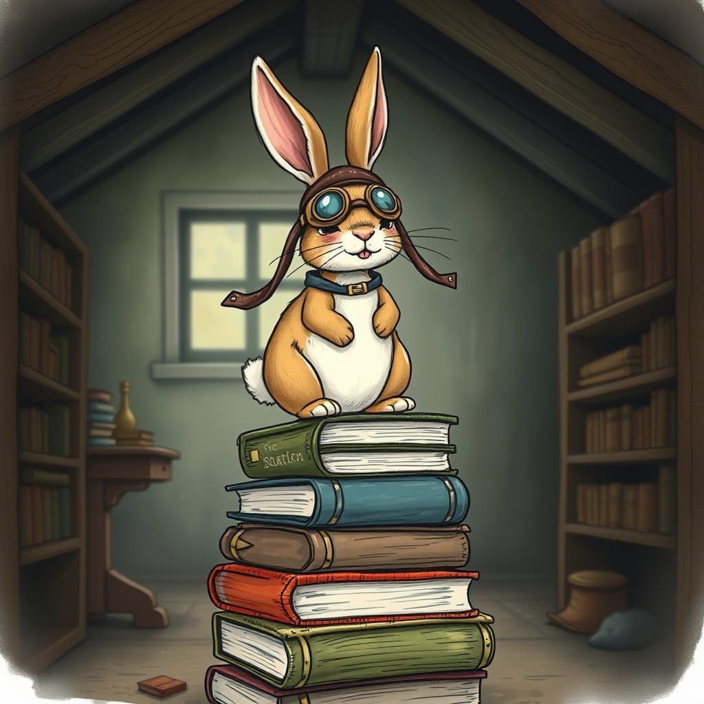 Whimsical Rabbit Aviator on Antique Books in Dusty Attic