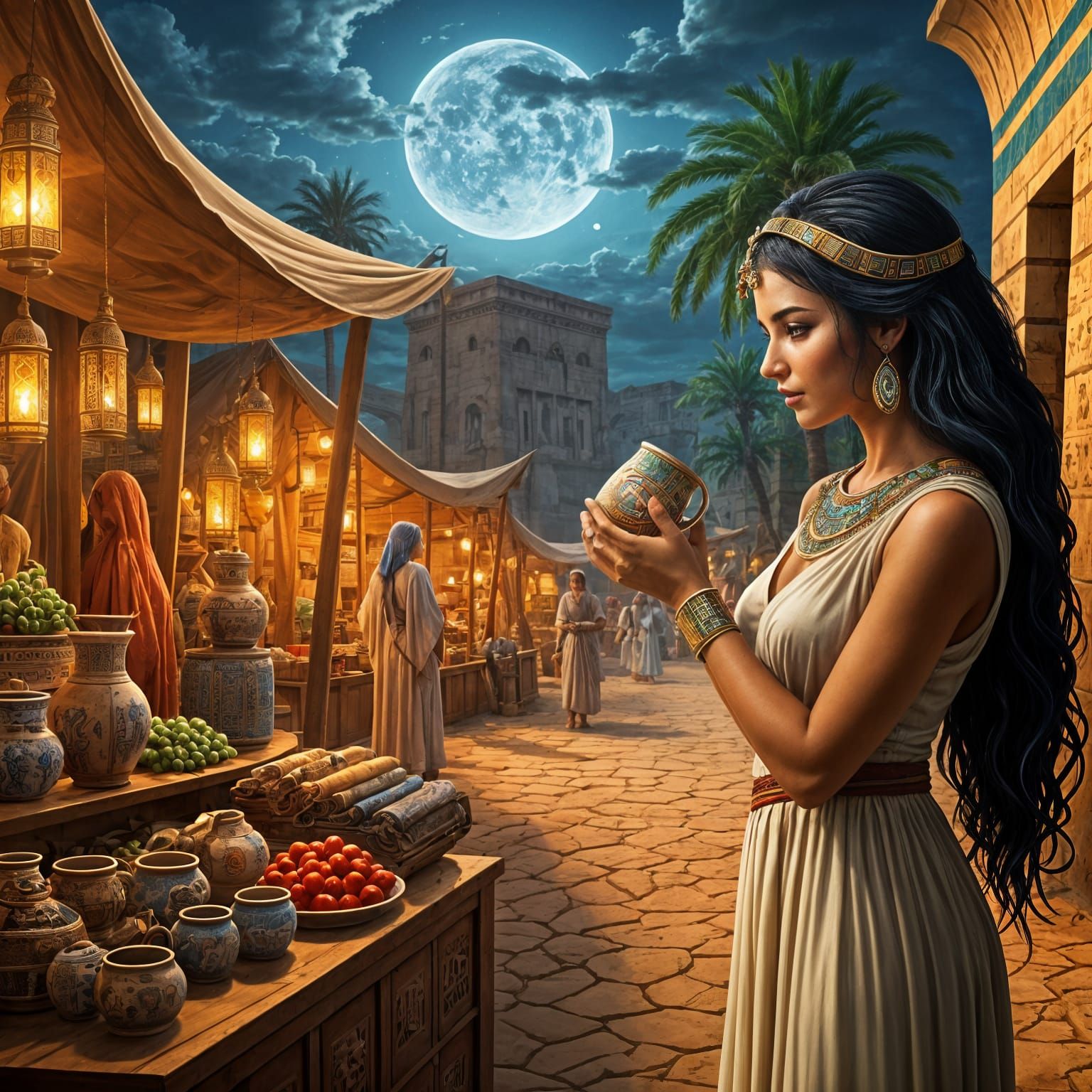 Exotic Night Market Scene with a Beautiful Woman and a Ceram...