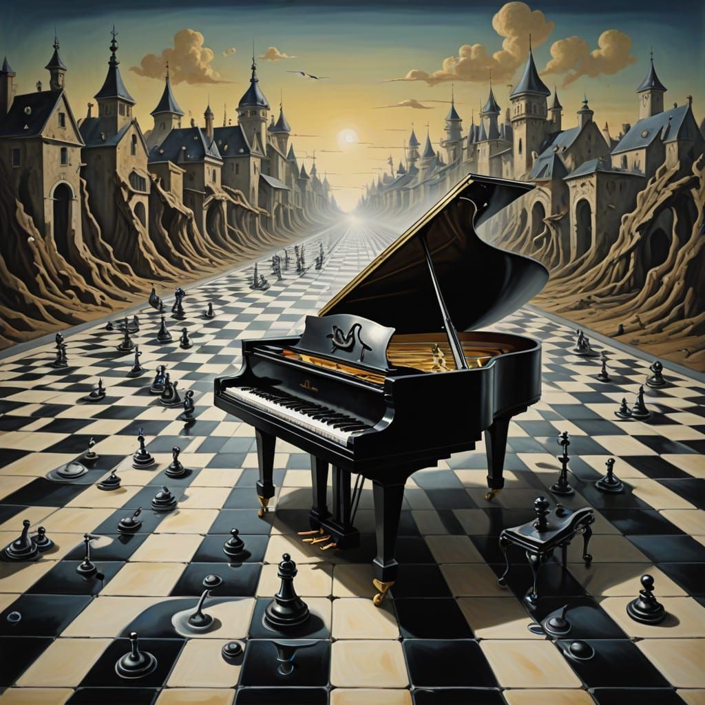Surreal Piano Locomotive Crossing a Chessboard Landscape