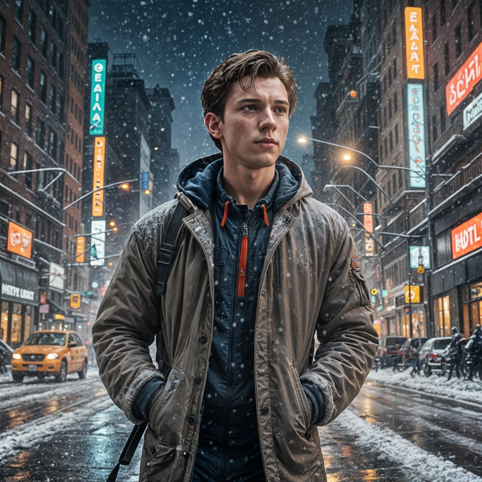 Tom Holland in Snowy New York Night