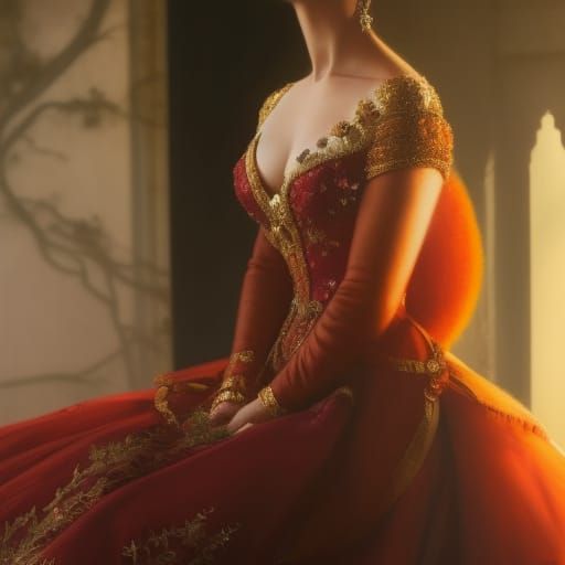 Queen in Red and Gold Gown, Detailed Mountainscape