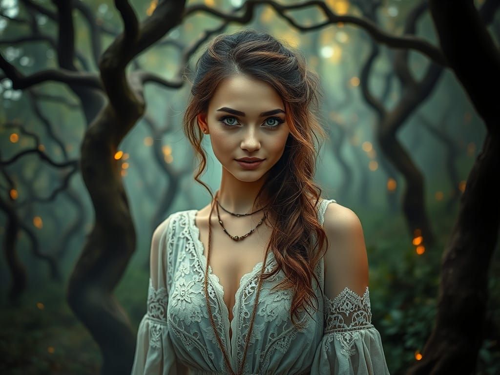 Enigmatic Bohemian Woman in Lush Forest Dreamscape