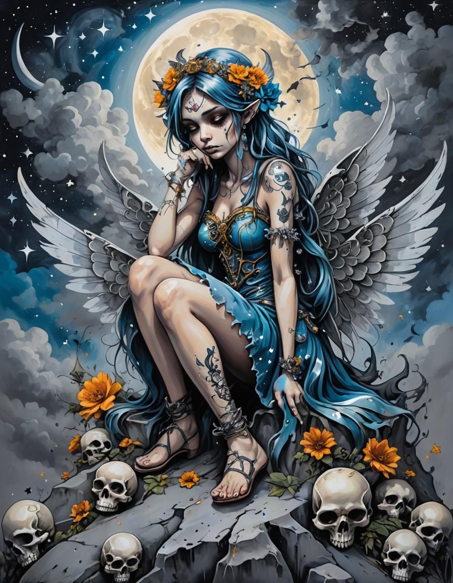 Fairy on Skull Moon in Graffiti Art Style