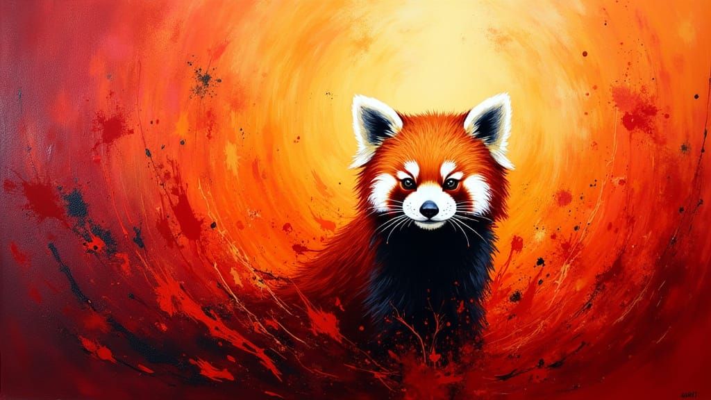 Crimson Gold Splash Art with Red Panda, Neo-Impressionist St...
