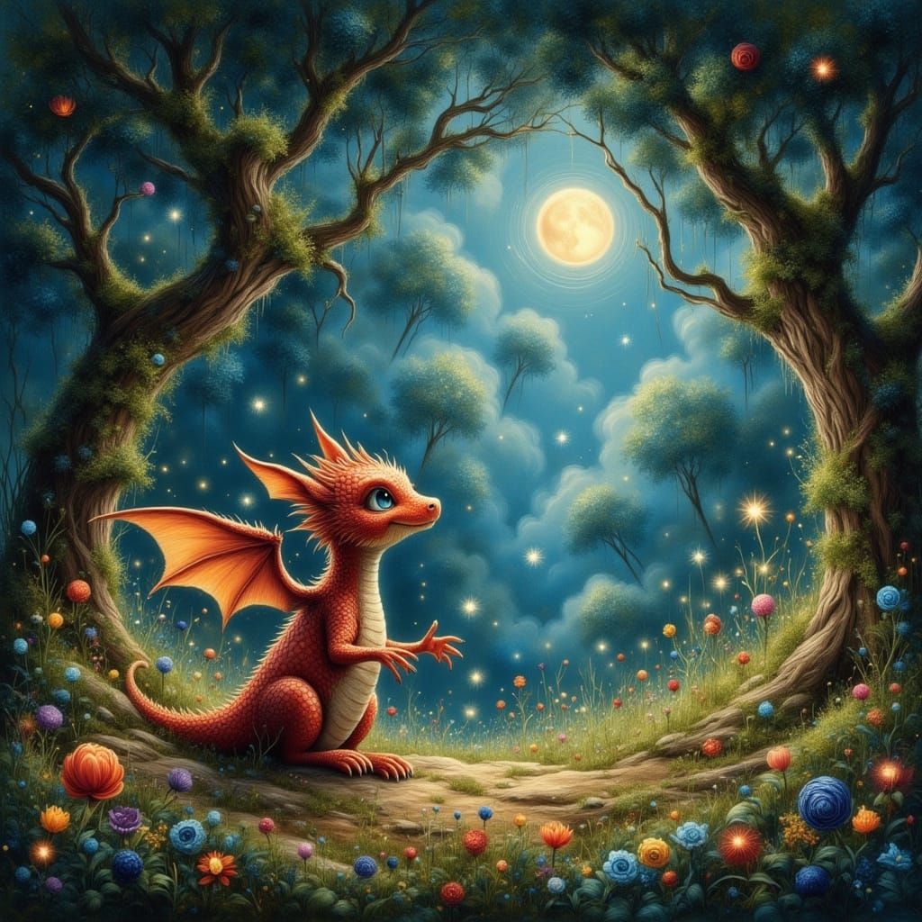 Whimsical Baby Dragon Chasing Fireflies in Enchanted Forest