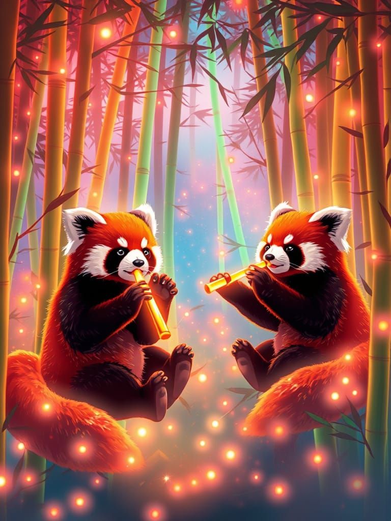 Red Pandas Play Flutes in Neon Bamboo Forest