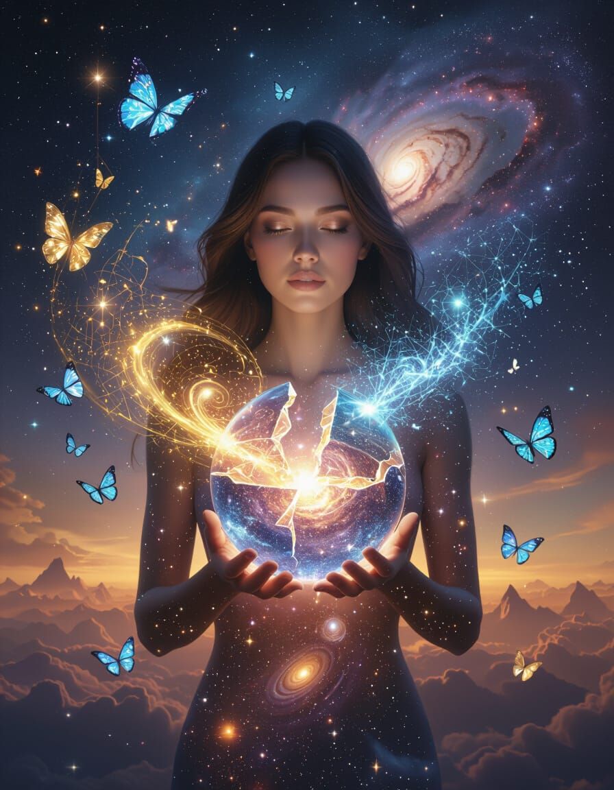 Cosmic Woman of Light Holding Crystal in Surreal Universe