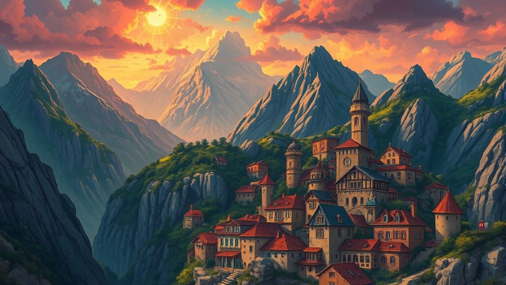 Whimsical Mountain Village in Vibrant Cartoon Style