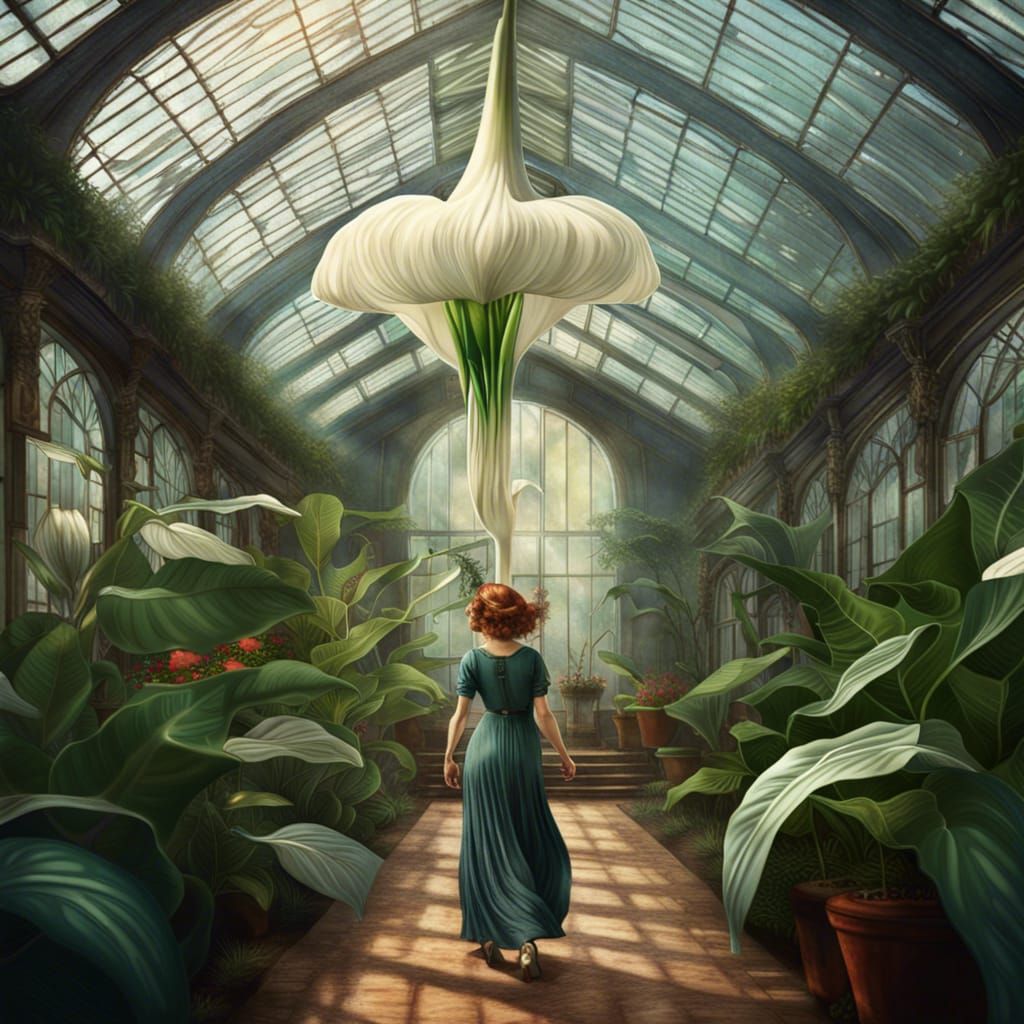 Edwardian Woman in Giant Peace Lily Greenhouse