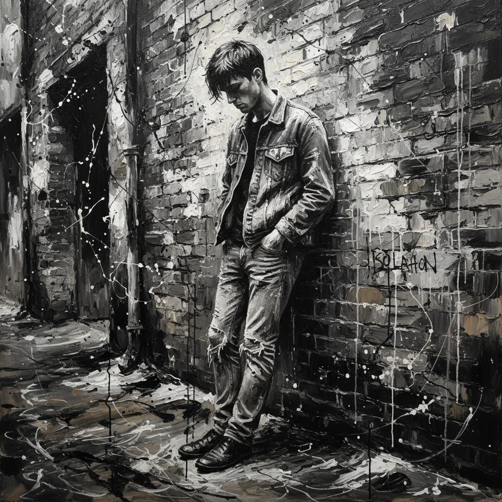 Melancholy Man in Alleyway, Black and White Ink Splash Style