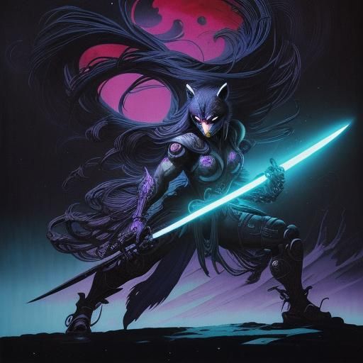 Neon Anime Raccoon Ninja on the Moon