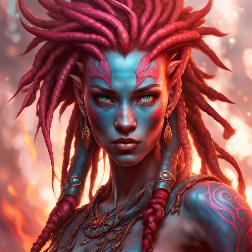 Fiery Na'vi Avatar Portrait in Hyperdetailed Style