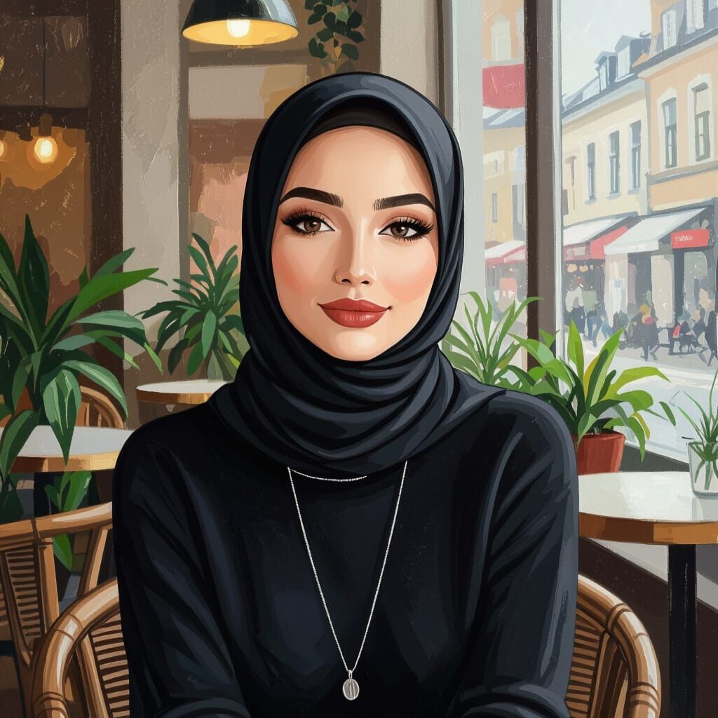 Minimalist Oil Painting of Elegant Hijabi Woman in Cafe