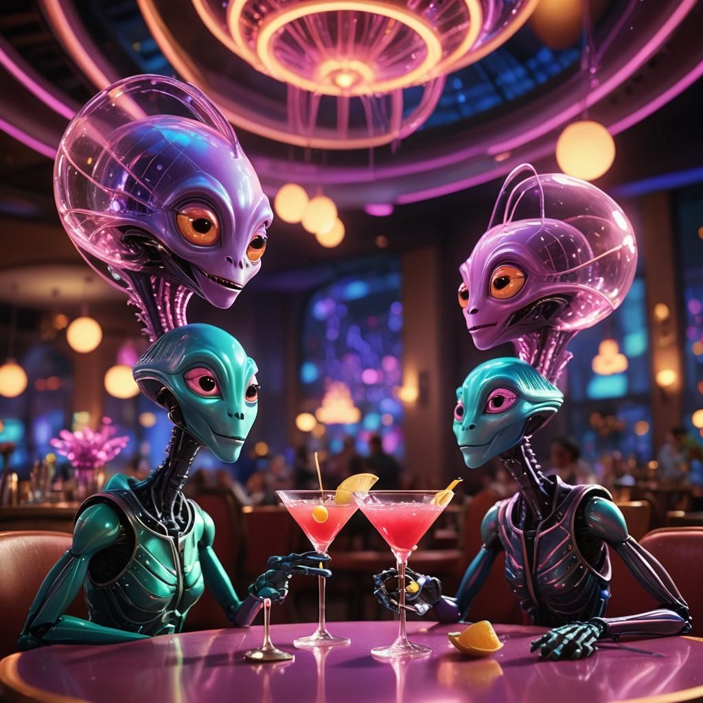 Aliens on a Date in Fancy Restaurant, Pixar Style