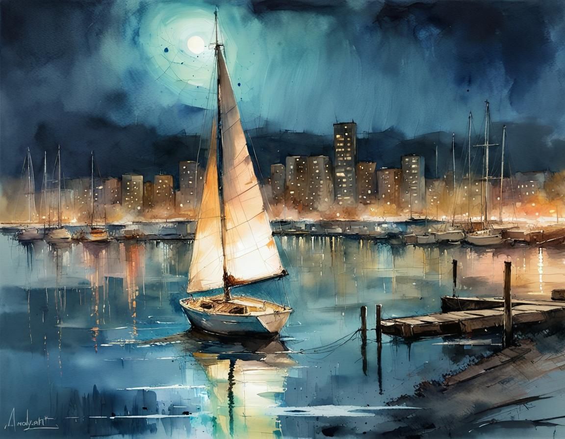 Lonely Sailboat in a Nanopunk Harbor Watercolor