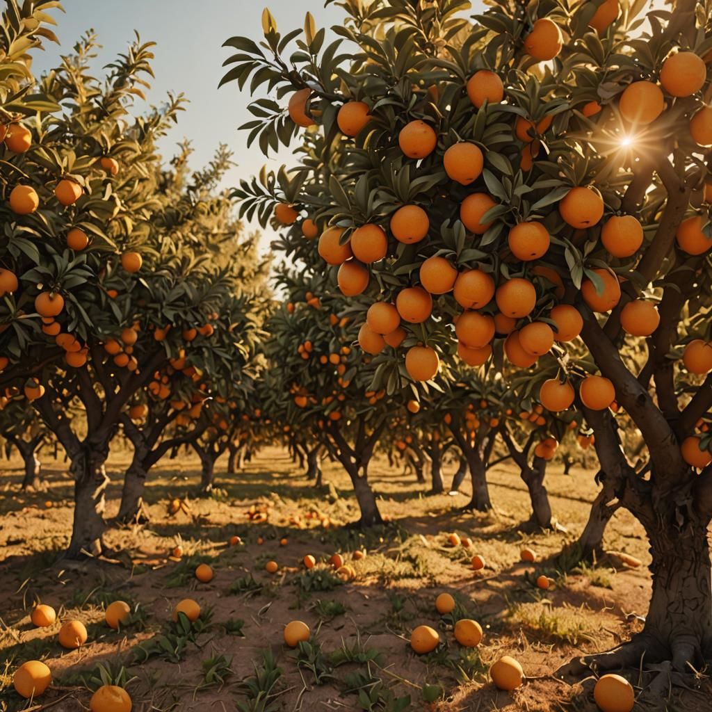 Golden Hour in an Orange Orchard: Photorealistic 8k