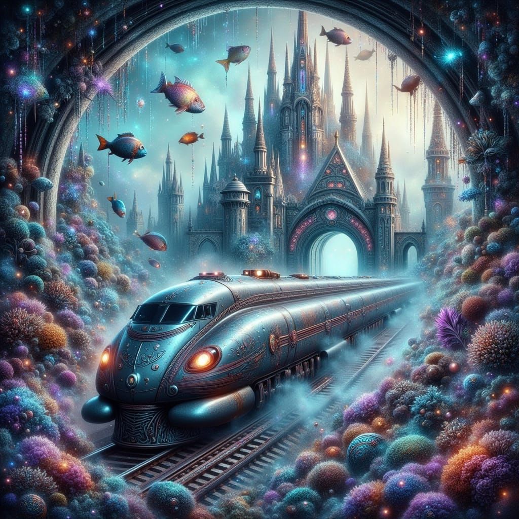 Underwater City Train in Futuristic Art Deco Style