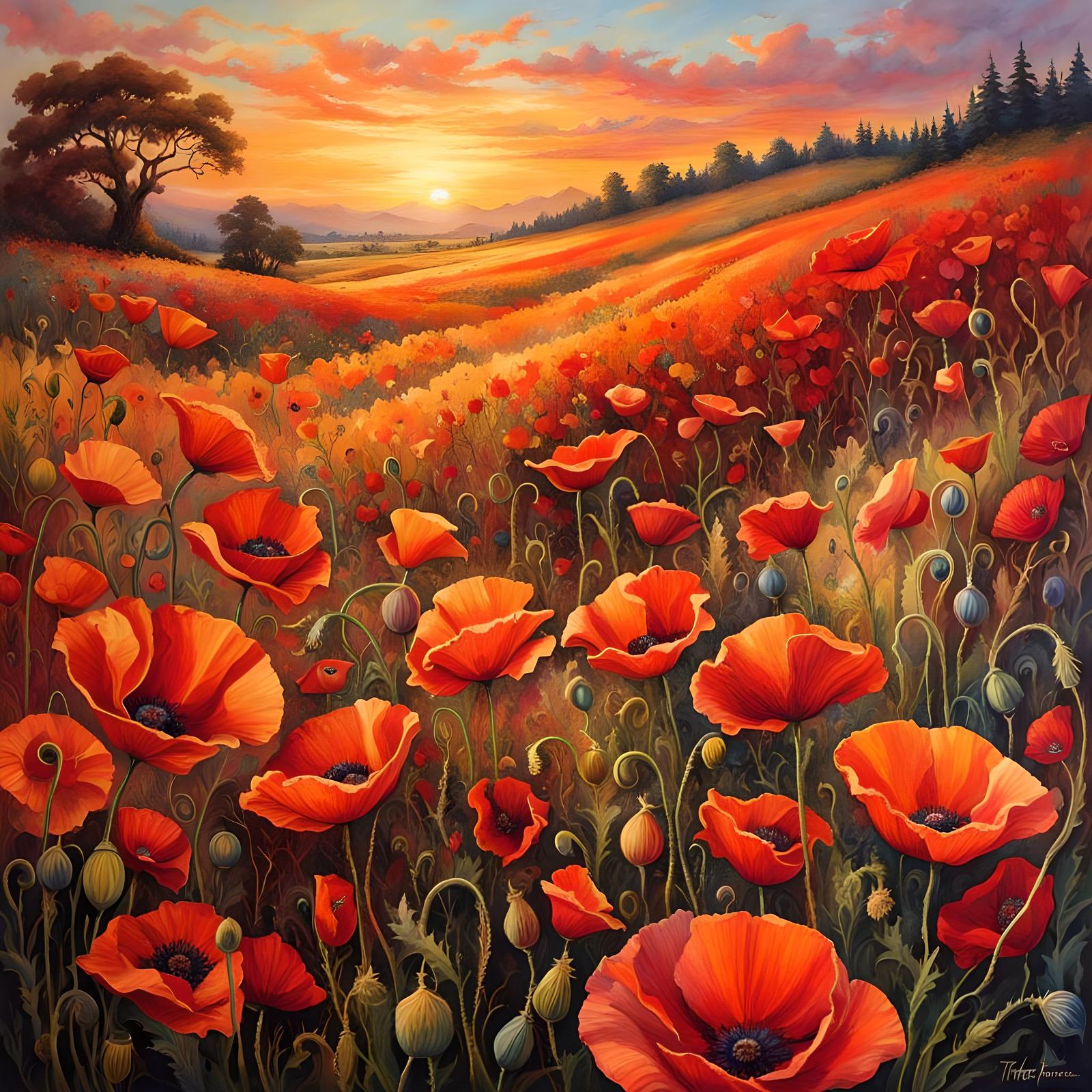 Vibrant Poppies Field at Sunrise in Watercolor
