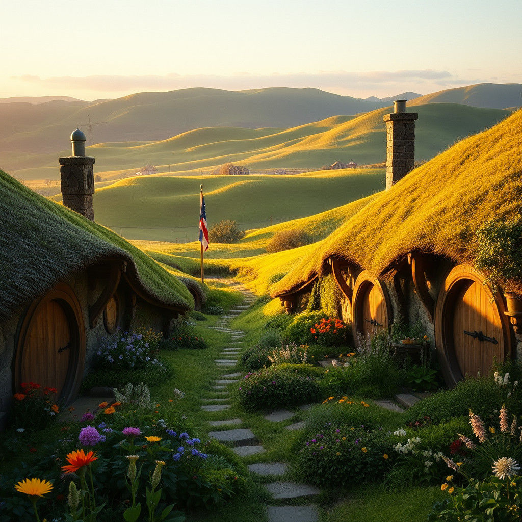 Enchanting Hobbiton Village at Dusk: A Cinematic Film Still
