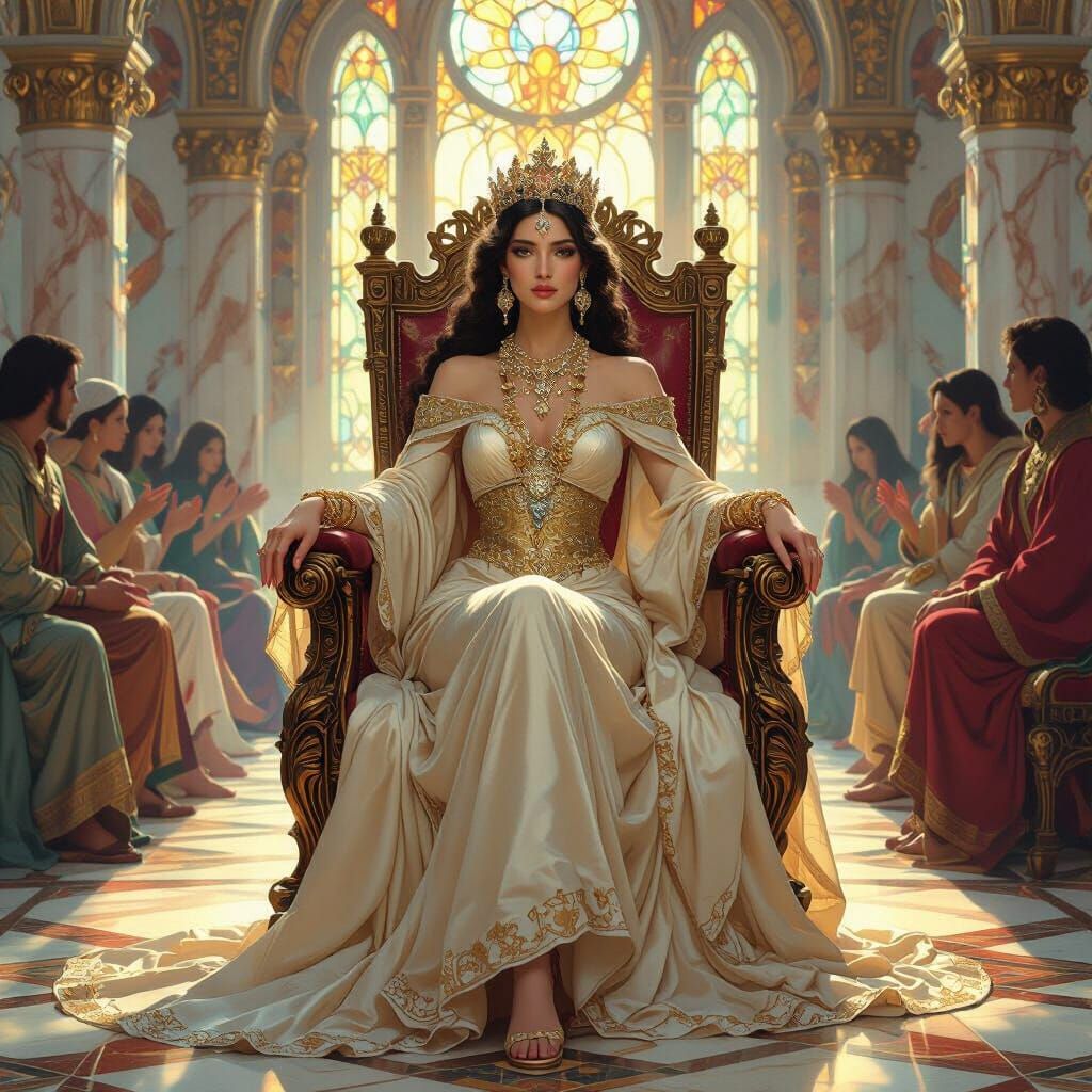 Regal Queen in Opulent Throne Room, Art Nouveau Style