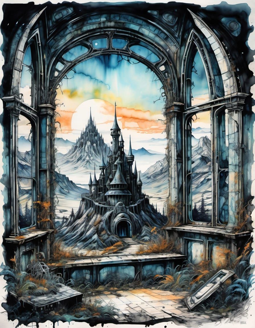 Fantasy Castle from a Darkened Window Frame