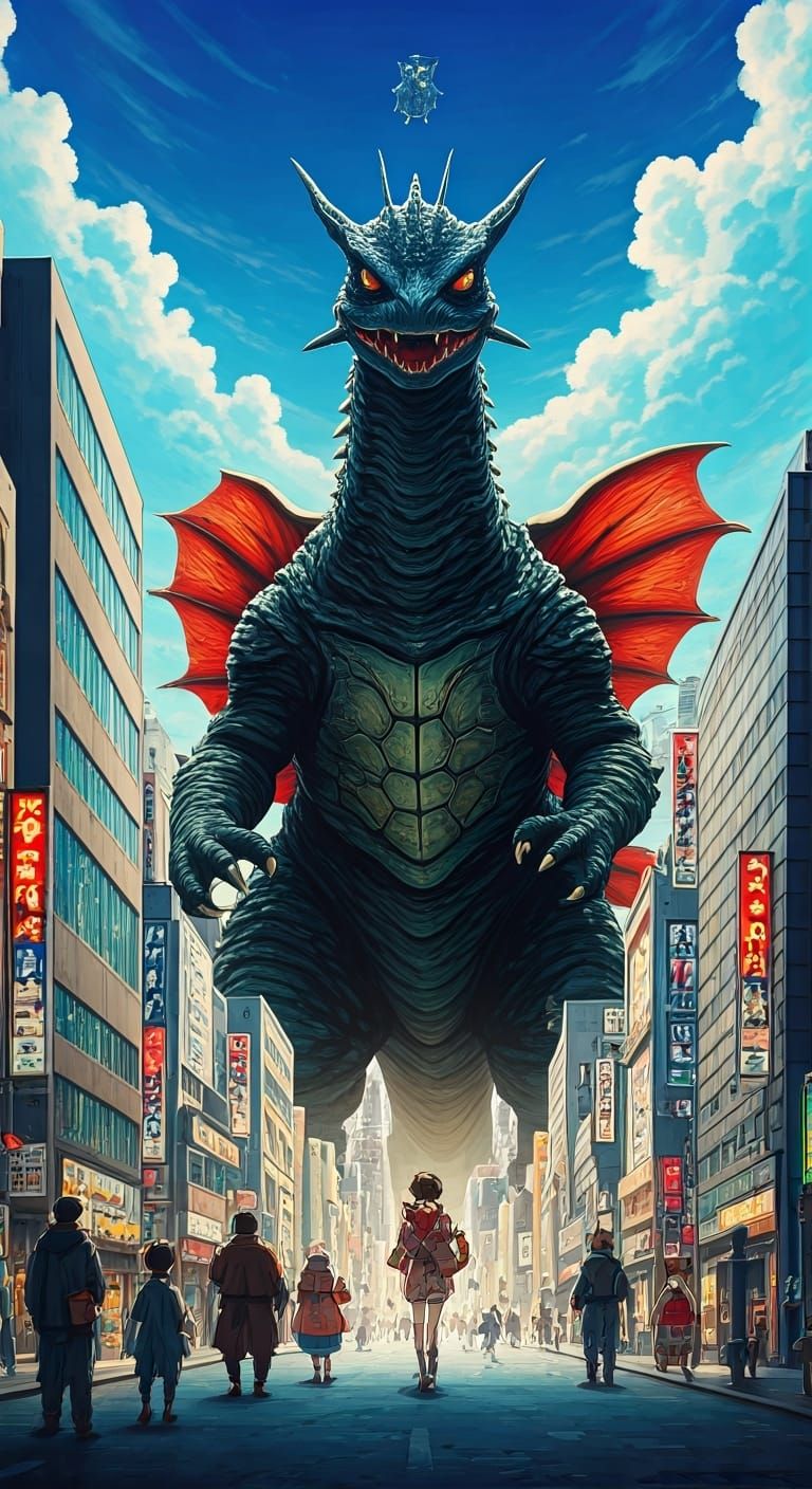 Odekake Kozame Promotes Gamera in Anime Cityscape