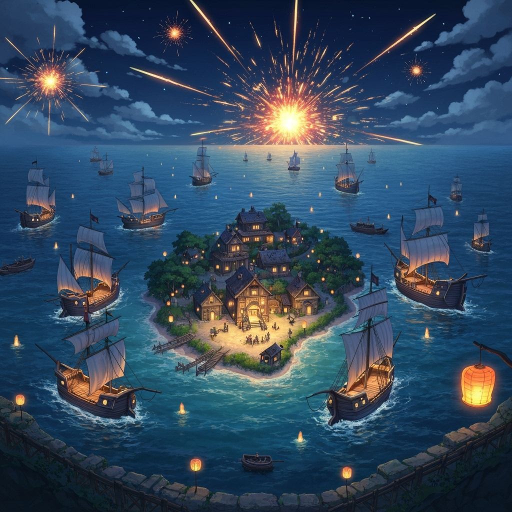 Mysterious Pirate Village on Island in Anime Style