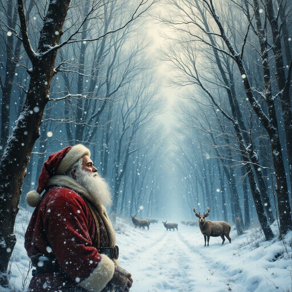 Enchanted Winter Forest with Santa in Oil Painting Style