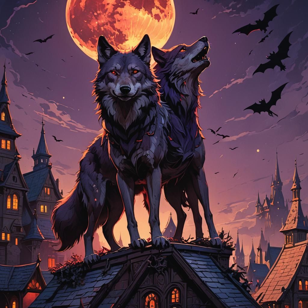 Wolf on Gothic Roof Under Red Moon, Dark Fantasy Art