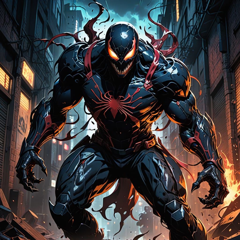 Cyberpunk Symbiote Showdown Unfolds in Dark Alleyway