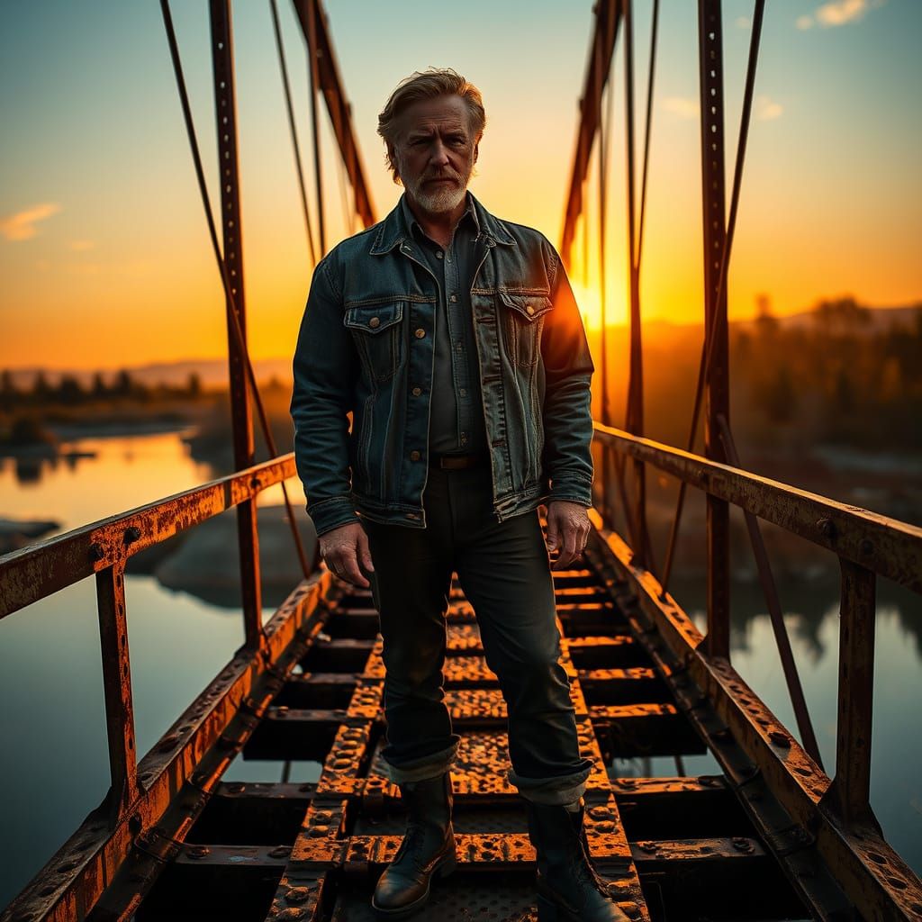 Jeff Bridges Reflects on a Weathered Bridge at Sunset
