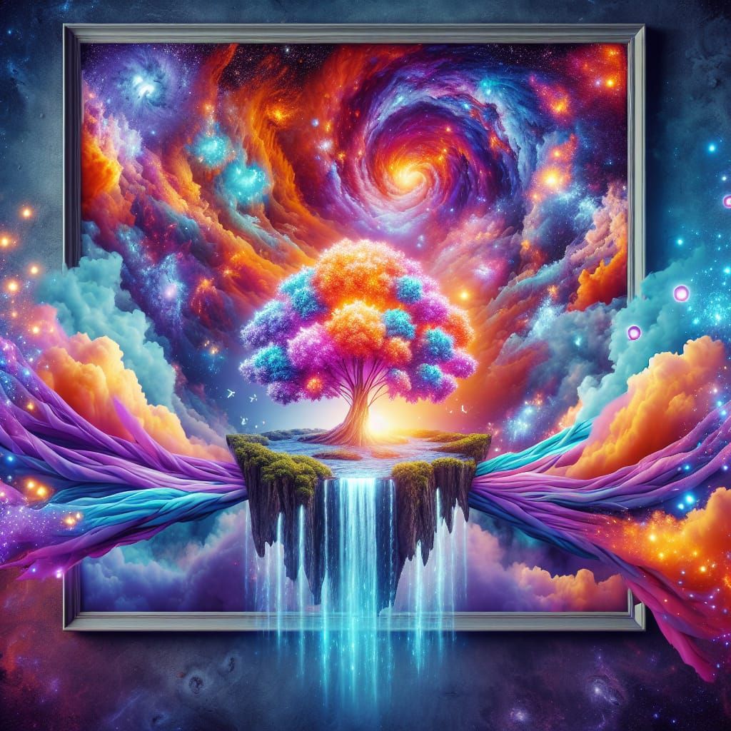 Glowing Island Mural with Radiant Tree in Space