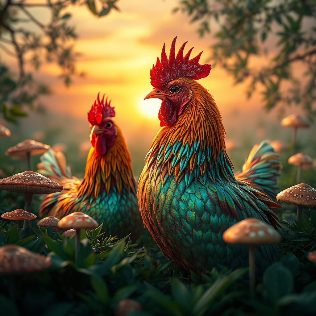 Iridescent Chickens in Mystical Dreamlike Environment