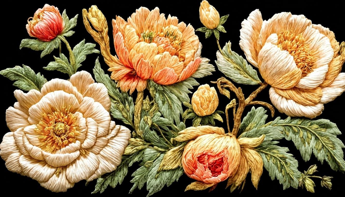 Crewelwork Peony Tapestry in Gothic Style