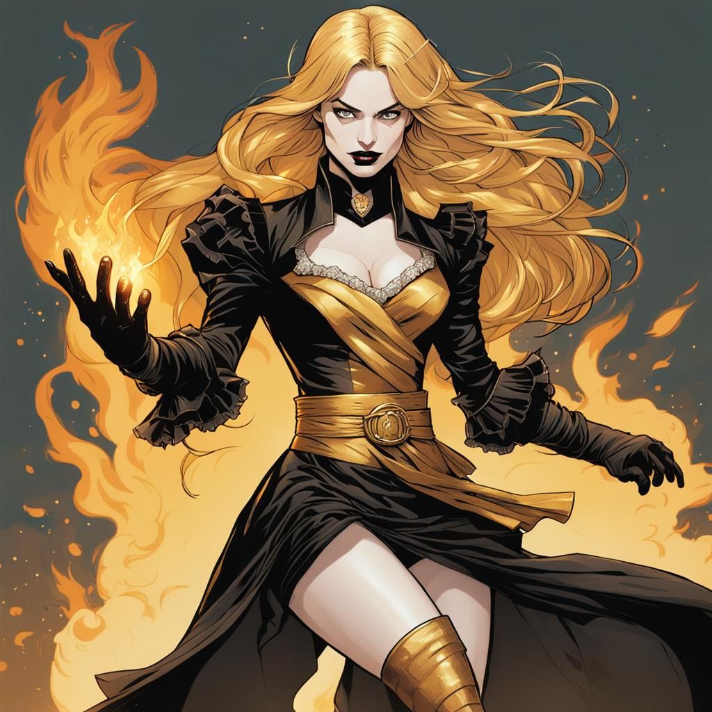 Fiery Comic Book Heroine in Gold and Black