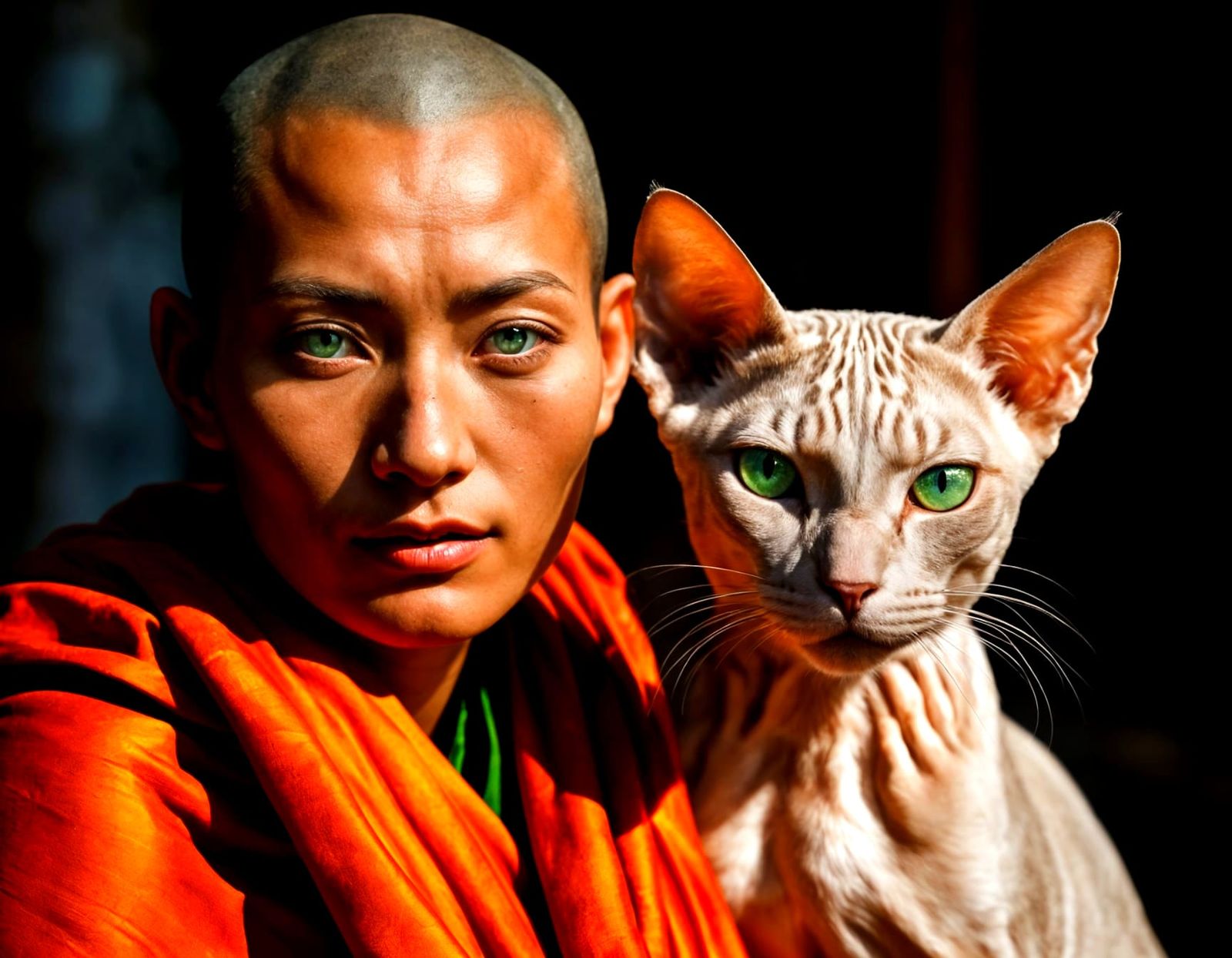 Bhutanese Monk and Sphynx Cat Twin Portrait