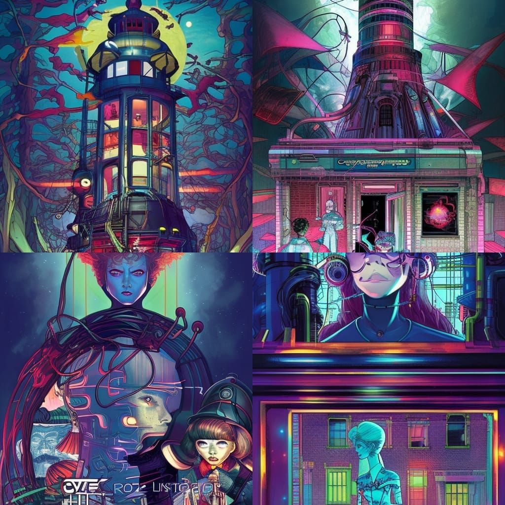 Cyberpunk Victorian Lighthouse Comic Book Illustration