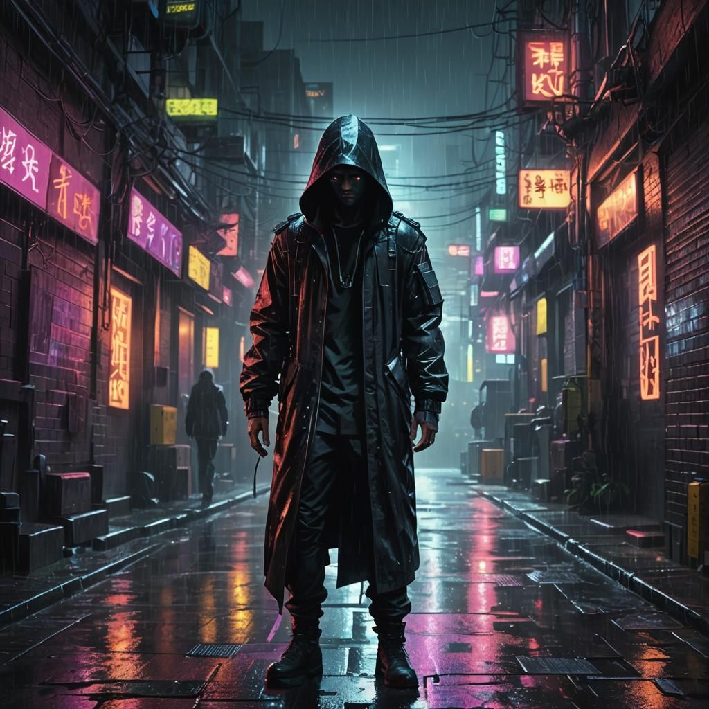 Cyberpunk Hooded Figure in Rainy Alleyway