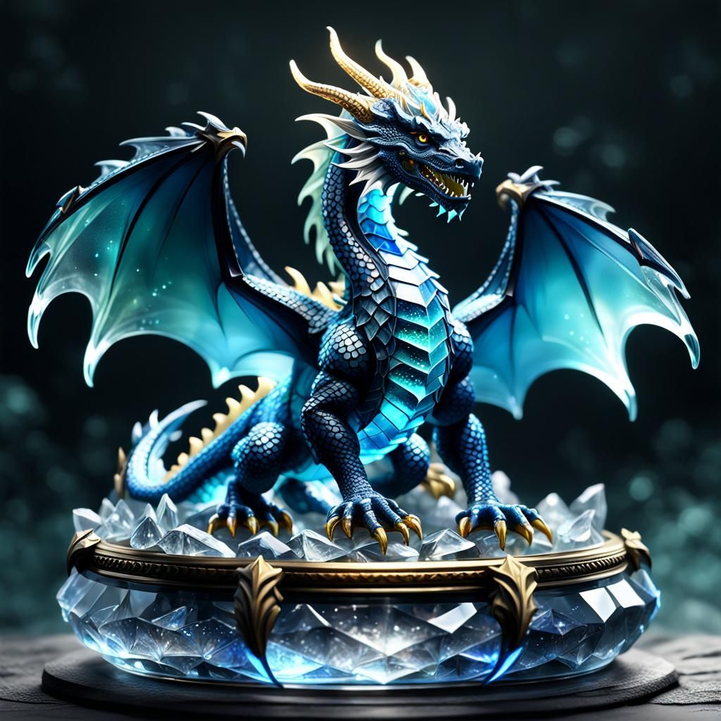 Enameled Glass Dragon Figurine in Display Case