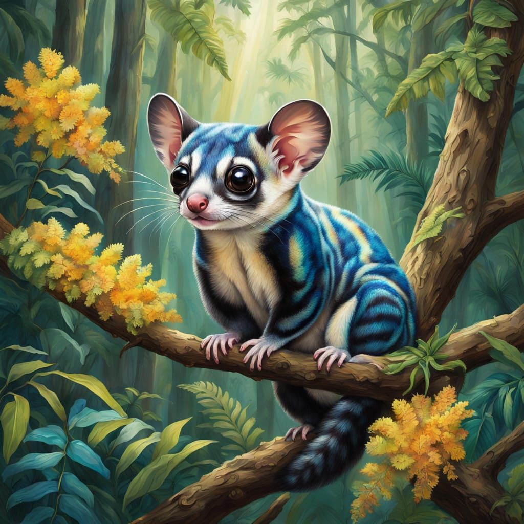 Sugar Glider Soars Through Vibrant Australian Forest in Oil-...