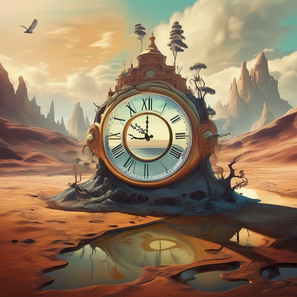Melting Clock Landscape in Dalí-esque Style