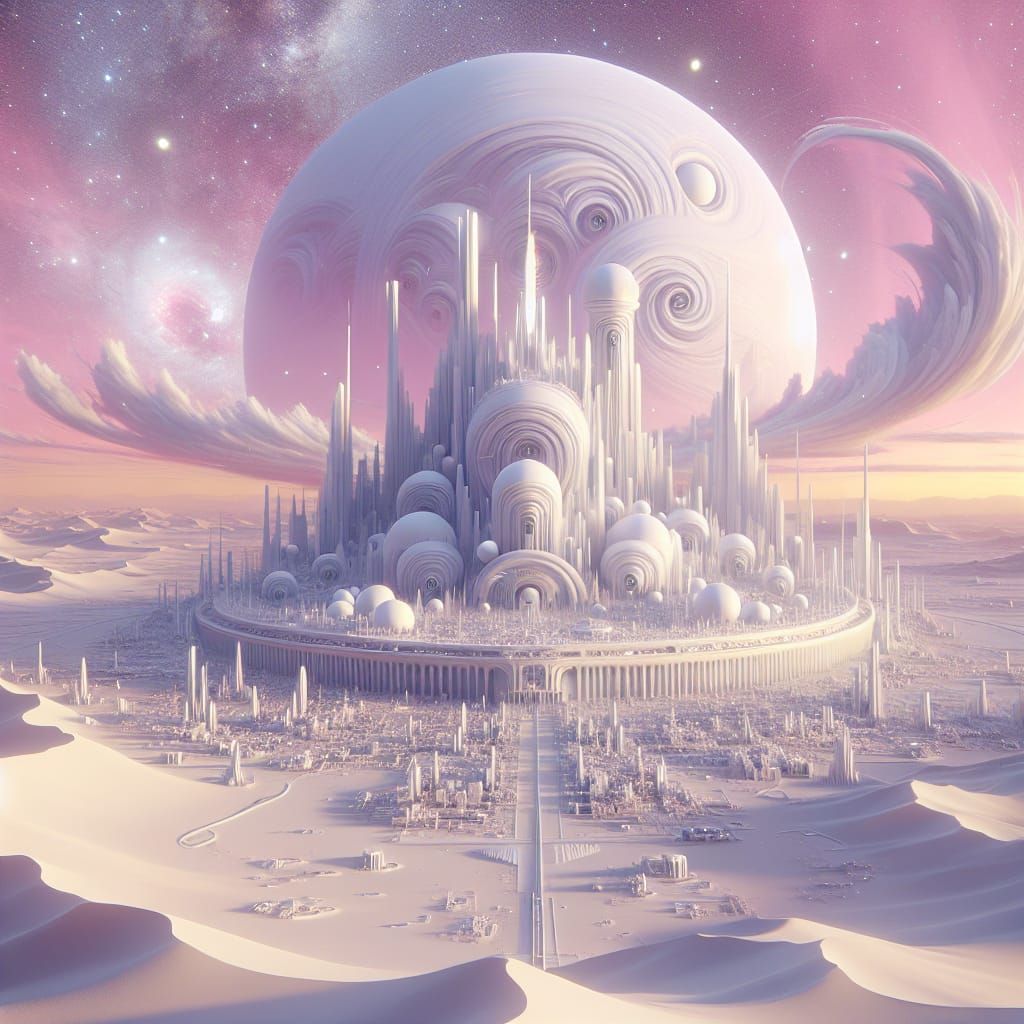 Alien City in White Desert Under Pink Starry Sky