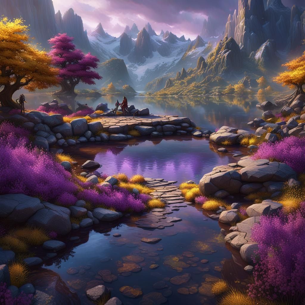 Dark Fantasy World with Stones and Lakes