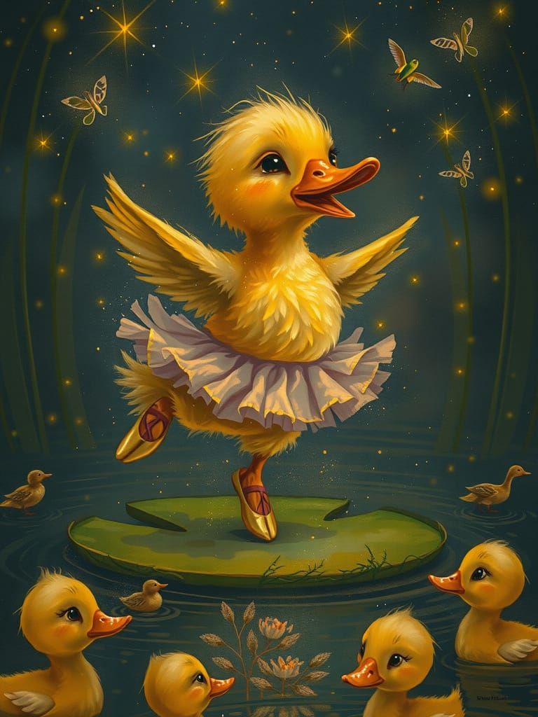 Duckling's Ballet Recital in Fairytale Illustration Style